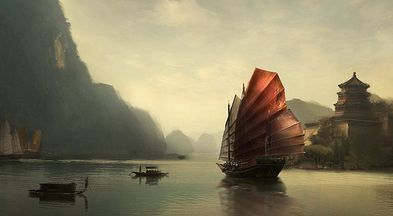 Junk Ship Chinese Painting, brown sailing ship, Artistic, Fantasy, Ship, Beautiful, Water, Digital, Artwork, Chinese, Painting, Junk, HD wallpaper HD wallpaper