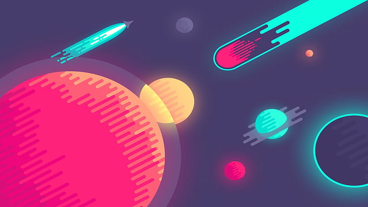 raum, minimalismus, nina geometrieva, farbenfroh, kurzgesagt, asteroid, HD-Hintergrundbild