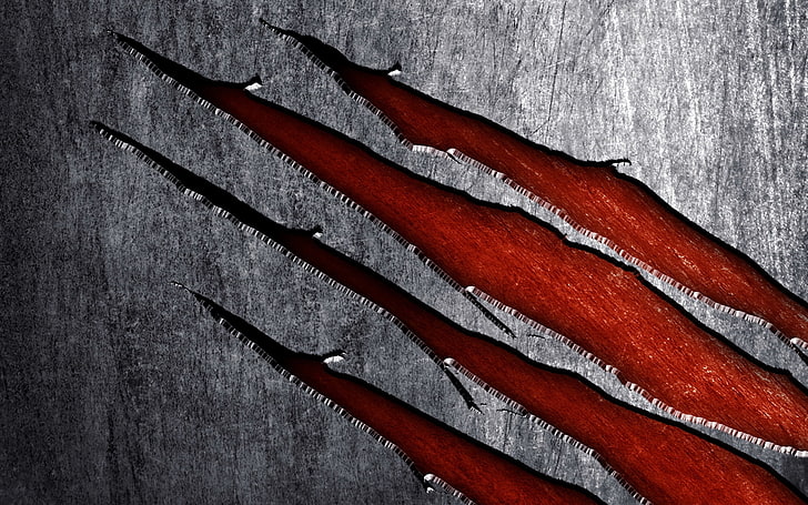четири червени котешки драскотини илюстрация, линия, драскотини, порязвания, метал, боя, HD тапет