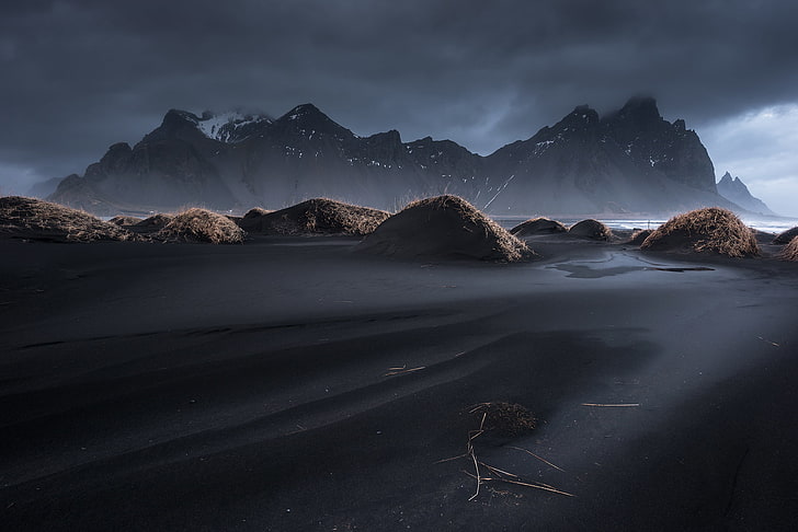 空、草、雲、山、アイスランド、Vestrahorn、Stockksness、黒い砂、 HDデスクトップの壁紙