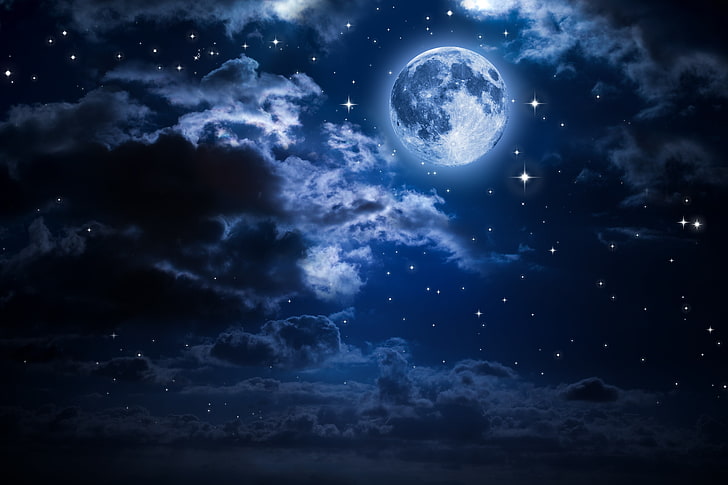 خلفية اكتمال القمر ، القمر ، الليل ، الغيوم ، السماء، خلفية HD