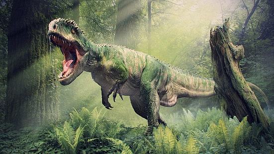 динозаври, дигитално изкуство, гора, слънчева светлина, HD тапет HD wallpaper