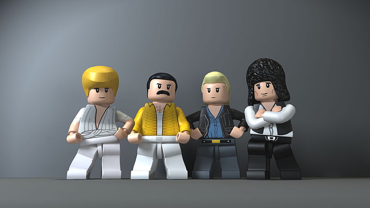 four Lego minifigures, gray background, digital art, LEGO, Queen, musician, Freddie Mercury, Brian May, John Deacon, Roger Taylor, figurines, legend, HD wallpaper