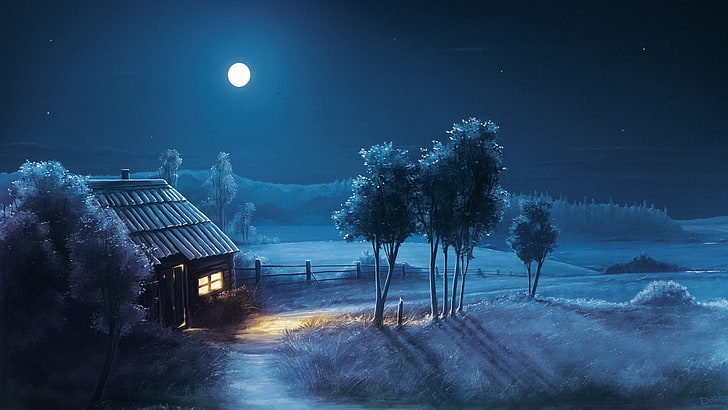 Beautiful, field, house, landscape, Moon, night, path, tree, HD wallpaper