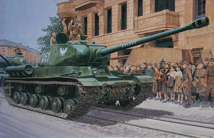 road, street, figure, home, art, people, tanks, The is-2, column, tankers, Soviet, heavy, liberators, HD wallpaper
