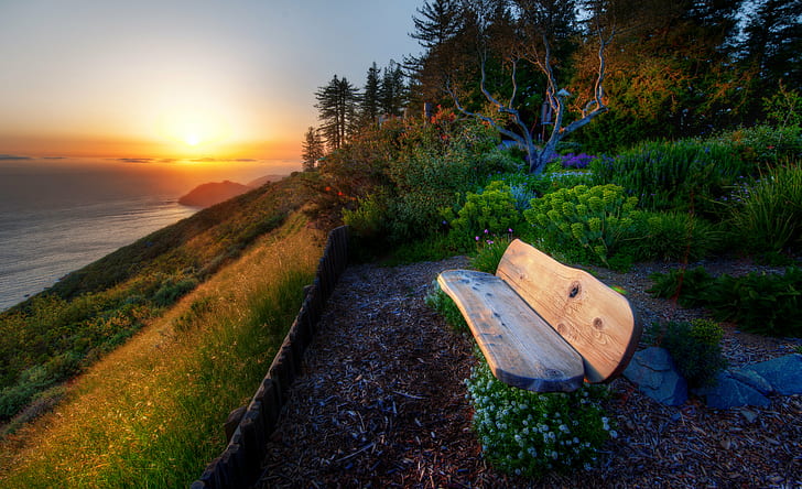 landskap natur under solnedgång illustration, bänk, solnedgång, landskap, natur, illustration, Big Sur, Monterey kalifornien, hav, utomhus, natur, kust, skymning, HD tapet