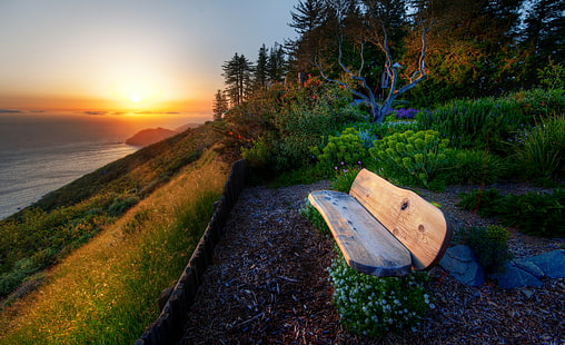 krajobraz natura podczas zachodu słońca ilustracja, ławka, zachód słońca, krajobraz, natura, ilustracja, Big Sur, Monterey California, morze, na zewnątrz, scenics, wybrzeże, zmierzch, Tapety HD HD wallpaper