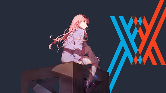 Anime, Anime Girls, weiße Haut, einfacher Hintergrund, Darling im FranXX, Zero Two (Darling im FranXX), rosa Haare, blau, HD-Hintergrundbild HD wallpaper