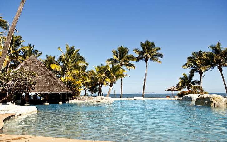Fiji Island, exotic, summer, resort, paradise, pool, sea, HD wallpaper