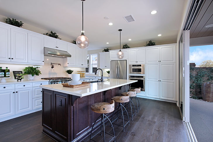 white wooden kitchen cupboard, photo, Design, Table, Lamp, Kitchen, Interior, cabinets, HD wallpaper