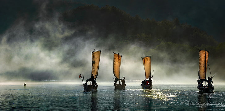 four white sail boats, nature, landscape, boat, mist, hills, forest, water, river, HD wallpaper
