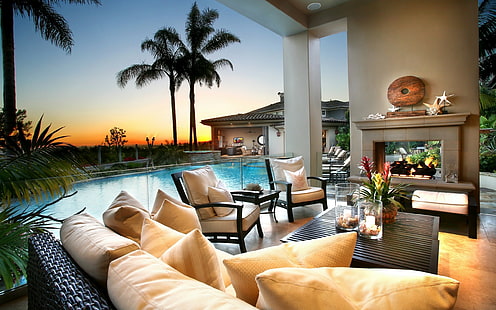 gün batımı, yüzme havuzu, palmiye ağaçları, sandalye, HD masaüstü duvar kağıdı HD wallpaper