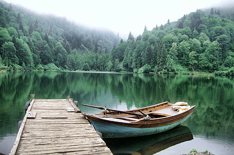 تركيا ، آرتفين ، بحيرة ، غابة ، قارب ، منظر طبيعي، خلفية HD HD wallpaper