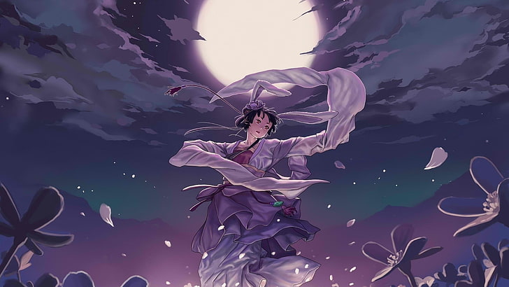woman wearing kimono illustration, anime, girl, kimono, wind, moon, night, HD wallpaper