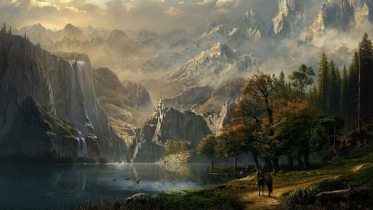 madera, bosque, lago, montaña, montañas, jinete, caballo, castillo, hermoso, fantasía, Fondo de pantalla HD