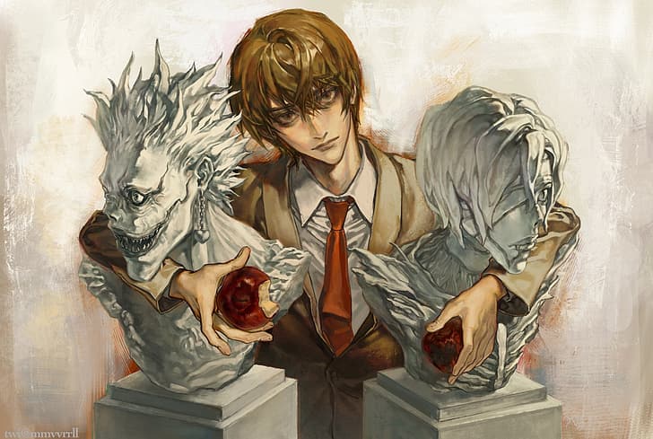 Death Note, anime, anime boys, tie, apple, food, fruit, looking at viewer, HD papel de parede