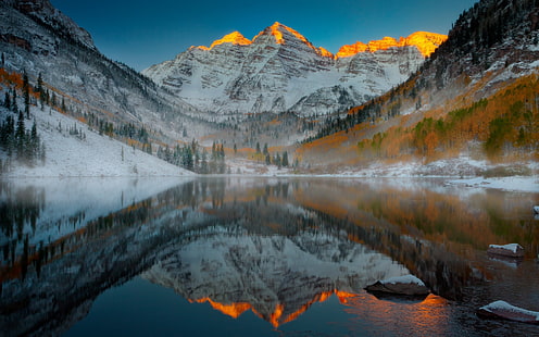 Aspen Mountain Colorado, Aspen Mountain, Colorado, montagna, lago, riflessione del lago, neve, Sfondo HD HD wallpaper