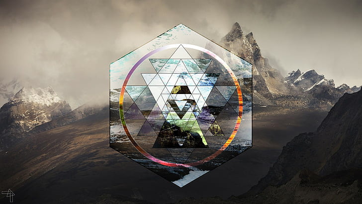 manzara polyscape altıgen üçgen dağ sri yantra, HD masaüstü duvar kağıdı