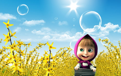 Masha จาก Masha and the Bear, The SKY, CLOUDS, FLOWERS, BUBBLES, SOAP, CARTOON, MASHA AND THE BEAR, MASHA, วอลล์เปเปอร์ HD HD wallpaper