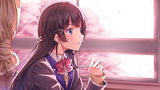 anime girl, classroom, brown hair, profile view, Anime, HD wallpaper HD wallpaper