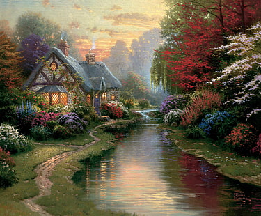 house beside the river painting, light, sunset, flowers, stream, the evening, painting, cottage, path, stone, Thomas Kinkade, Kinkade, A Quiet Evening, HD wallpaper HD wallpaper