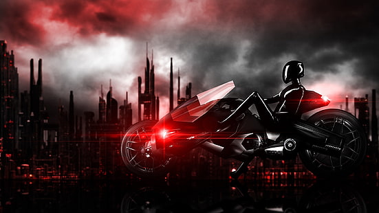 ilustração de bicicleta esportiva preta, futurista, cyberpunk, motocicleta, látex, bodysuit, HD papel de parede HD wallpaper
