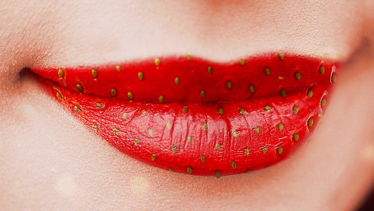 women, lips, juicy lips, strawberries, smiling, red, HD wallpaper