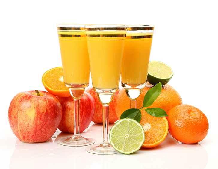 mele mature, mele, arance, bicchieri, succo di frutta, lime, frutta, Sfondo HD