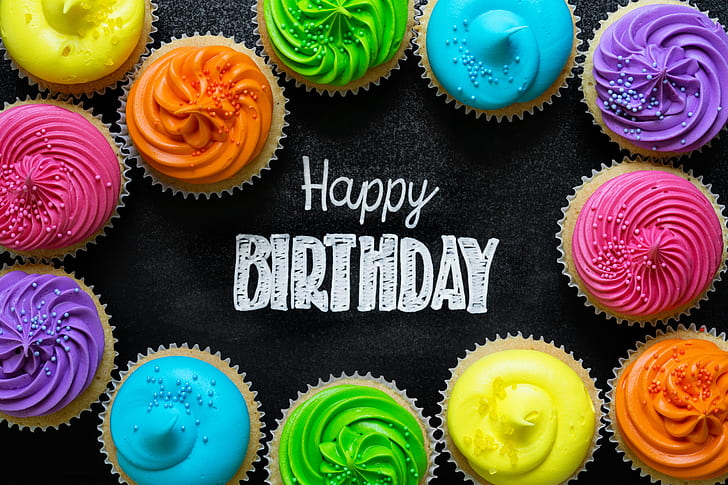 świece, kolorowe, tęcza, ciasto, krem, Happy Birthday, kolory, ciastko, uroczystość, babeczki, dekoracja, świeca, urodziny, Tapety HD