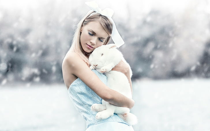 кролики, животные, закрытые глаза, зима, на улице, женщины на улице, снег, женщины, HD обои