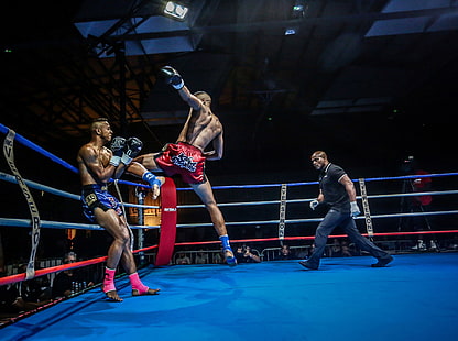 ataque, golpe, o ringue, boxe tailandês, fotógrafo, lutadores, bem-vindo, o juiz, boxe, boxe tailandês, olivier ahpoor, HD papel de parede HD wallpaper