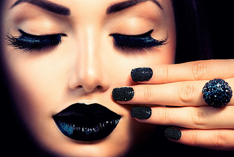 esmalte de uñas negro para mujer, niña, pestañas, maquillaje, labios, manicura, Anna Subbotina, Fondo de pantalla HD HD wallpaper