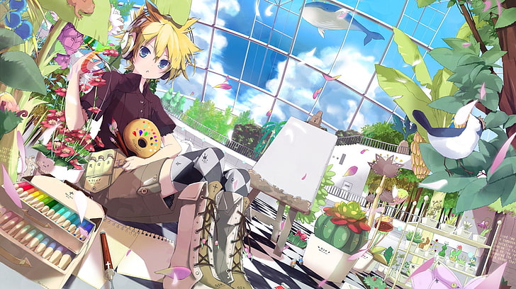 갈색 셔츠 애니메이션, 애니메이션, Kagamine Len, 애니메이션 소년을 입은 여성, HD 배경 화면