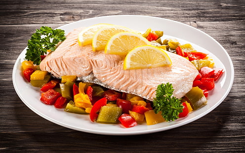 อาหารปลาแซลมอนมะนาวผักพริก, วอลล์เปเปอร์ HD HD wallpaper