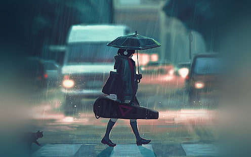 hujan, hari, anime, cat, gadis, seni, ilustrasi, Wallpaper HD HD wallpaper