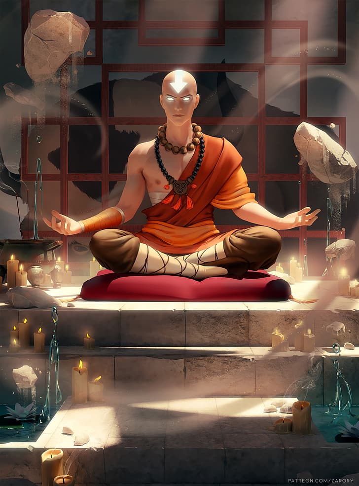 Aang, Avatar: The Last Airbender, Appa, obra de arte, dibujo, fan art, Zarory, agua, meditación, velas, Fondo de pantalla HD, fondo de pantalla de teléfono