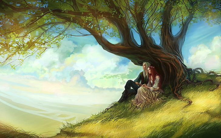 mulher e homem sob a pintura da árvore, o céu, folhas, menina, nuvens, árvore, arte, cara, cabelo vermelho, cabelos longos, um casal apaixonado, HD papel de parede