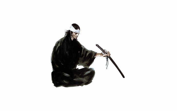 schwarzes Katana-Schwert, Vagabund, Anime, Schwert, Musashi, Minimalismus, weißer Hintergrund, Krieger, Manga, einfacher Hintergrund, HD-Hintergrundbild