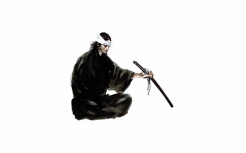 svart katana svärd, Vagabond, anime, svärd, musashi, minimalism, vit bakgrund, krigare, manga, enkel bakgrund, HD tapet HD wallpaper
