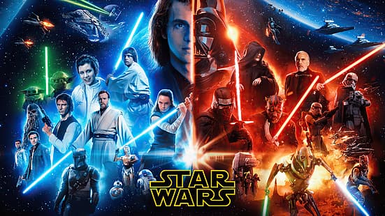  Star Wars, George Lucas, illustration, movie characters, movie poster, fan art, fictional, fictional character, fictional characters, Anakin Skywalker, Luke Skywalker, Darth Vader, Obi-Wan Kenobi, Kylo Ren, Emperor Palpatine, Princess Leia, Han Solo, Darth Maul, Yoda, Baby Yoda, General Grievous, Rey (from Star Wars), Rey, R2-D2, C-3PO, BB-8, Finn (Star Wars), Captain Phasma, Bossk, Chewbacca, The Mandalorian (Character), Poe Dameron, lightsaber, Jedi, Sith, red, blue, green, X-wing, AT-AT, Millennium Falcon, TIE Fighter, planet, TIE Advanced, Storm Troopers, stormtrooper, Darth Sidious, Count Dooku, spaceship, Star Destroyer, Star Wars Ships, science fiction, HD wallpaper HD wallpaper