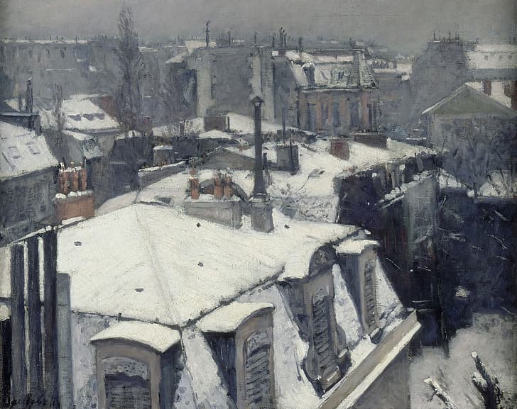 konstverk, målning, Gustave Caillebotte, snö, hustak, HD tapet
