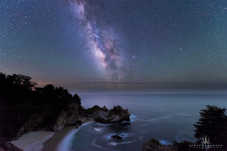beach, rocks, shore, The Milky Way, photographer, Kenji Yamamura, Julia Pfeifer Burns State Park, HD wallpaper