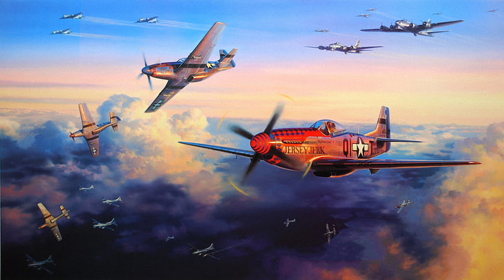 ilustração de aviões de hélice cinza, aeronaves, guerra, arte, aviões, pintura, aviação, desenho, ww2, luta de cães, b-17, p-51d, bombardeio, HD papel de parede