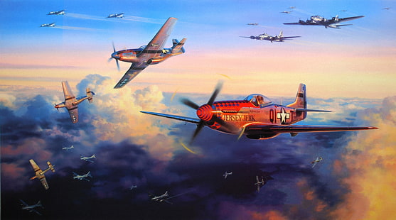 gray propeller planes illustration, aircraft, war, art, airplanes, painting, aviation, drawing, ww2, dogfight, b-17, p-51d, bombing, HD wallpaper HD wallpaper