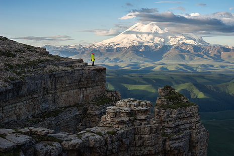 nuvole, pietre, aperto, persone, panorama, altezza, montagna, Russia, Elbrus, Sfondo HD HD wallpaper