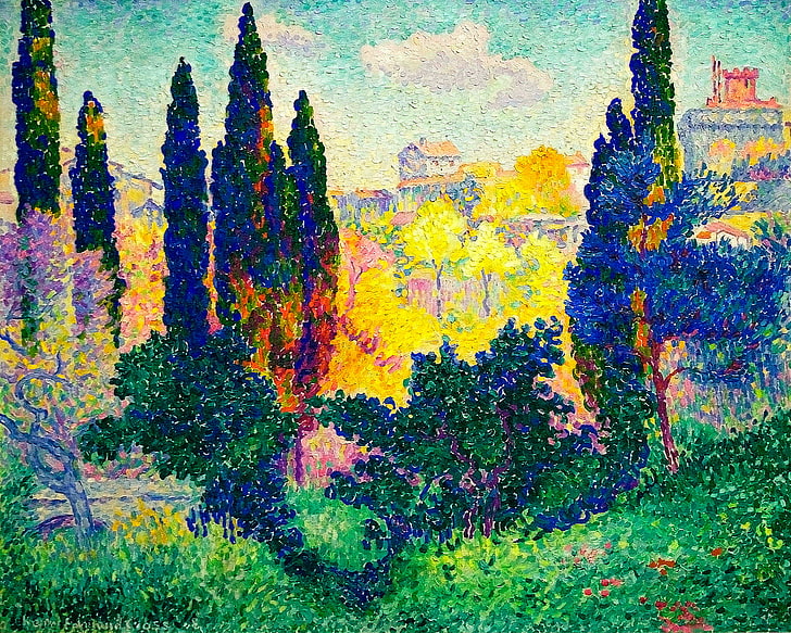 painting of garden, trees, landscape, home, picture, Cypress Trees at Cagnes, Henri Edmond Cross, HD wallpaper