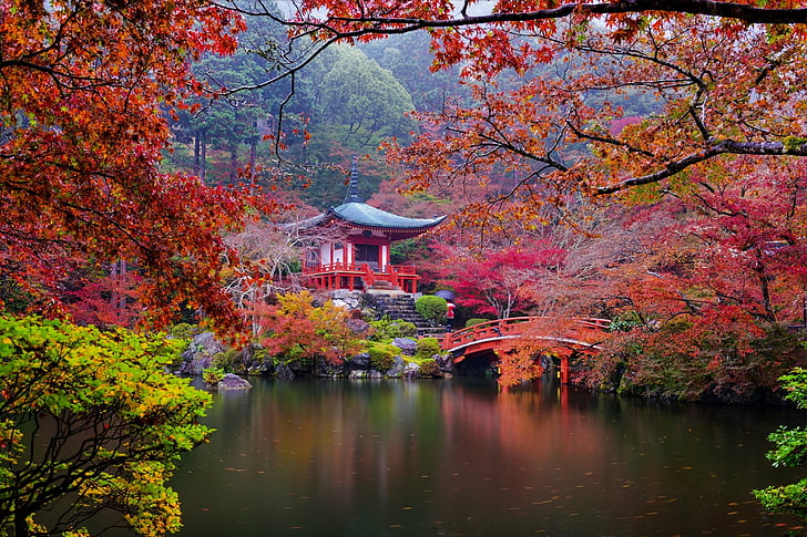 Храмы, Дайго-дзи, Мост, Осень, Сад, Японский сад, Пагода, HD обои