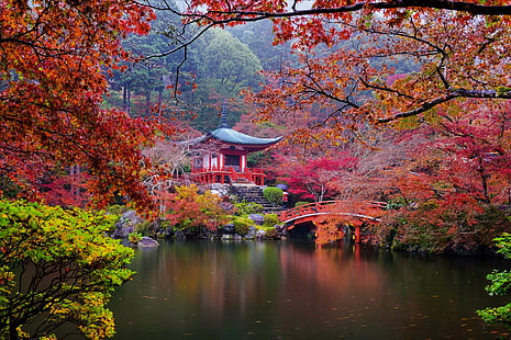 Храмы, Дайго-дзи, Мост, Осень, Сад, Японский сад, Пагода, HD обои HD wallpaper