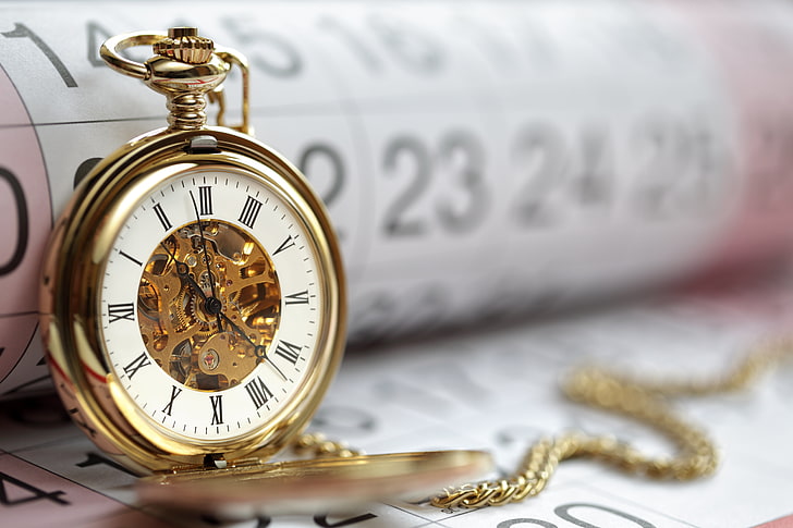 goldfarbene Taschenuhr, Uhrzeit, Uhrwerk, Zifferblatt, Kalender, HD-Hintergrundbild