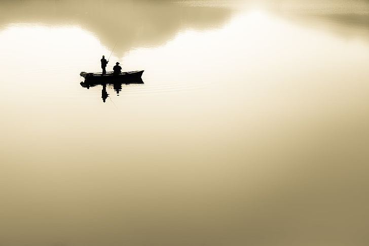 fishermen, boat, lake, silhouettes, minimalism, HD wallpaper
